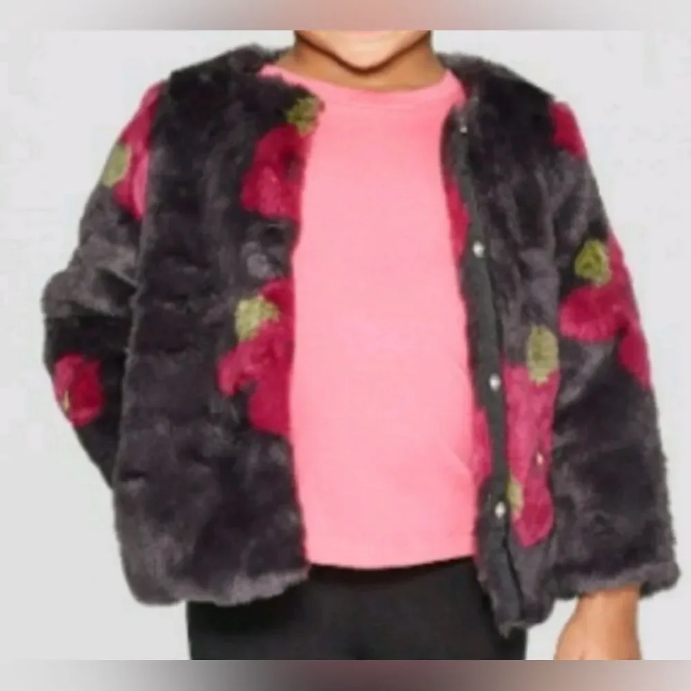 Genuine Kids From Oshkosh Jacket Faux Fur Ebony Floral Coat Size 3T